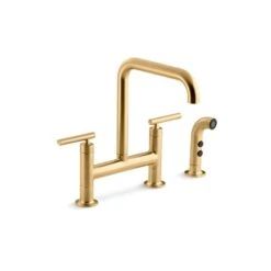 KOHLER Purist Brass Two-Hole Deck-Mount Bridge Kitchen Sink Faucet With Spout And Sidespray