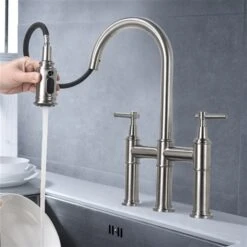 Clihome 17.32-in Nickel Bridge Kitchen Faucet With Pull-Down Sprayhead In Spot -Alliedbas Shop 330992854 AlternateImage4 l