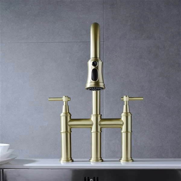 Clihome 17.32-in Gold Bridge Kitchen Faucet With Pull-Down Sprayhead In Spot 5 Clihome 17.32-in Gold Bridge Kitchen Faucet With Pull-Down Sprayhead In Spot - Image 5