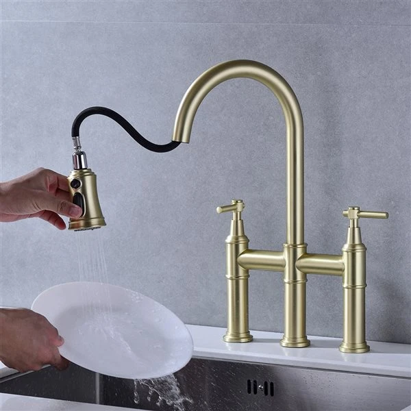 Clihome 17.32-in Gold Bridge Kitchen Faucet With Pull-Down Sprayhead In Spot 2 Clihome 17.32-in Gold Bridge Kitchen Faucet With Pull-Down Sprayhead In Spot - Image 2