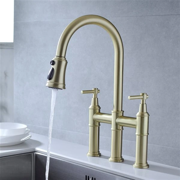 Clihome 17.32-in Gold Bridge Kitchen Faucet With Pull-Down Sprayhead In Spot 3 Clihome 17.32-in Gold Bridge Kitchen Faucet With Pull-Down Sprayhead In Spot - Image 3
