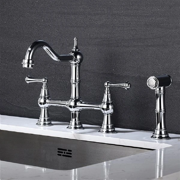 Clihome 8.85-in Chrome Bridge Dual Handles Kitchen Faucet With Pull-Out Side Spray 4 Clihome 8.85-in Chrome Bridge Dual Handles Kitchen Faucet With Pull-Out Side Spray - Image 4