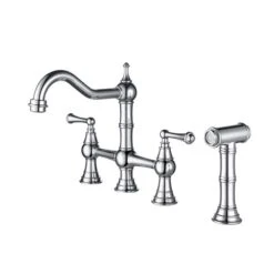 Clihome 8.85-in Chrome Bridge Dual Handles Kitchen Faucet With Pull-Out Side Spray