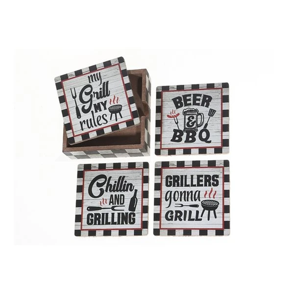 IH Casa Decor 4-Piece Barbeque Wooden Coasters With Holder 1 IH Casa Decor 4-Piece Barbeque Wooden Coasters With Holder