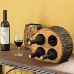 Vintiquewise 4-Bottle Brown Wooden Log-Shaped Wine Rack