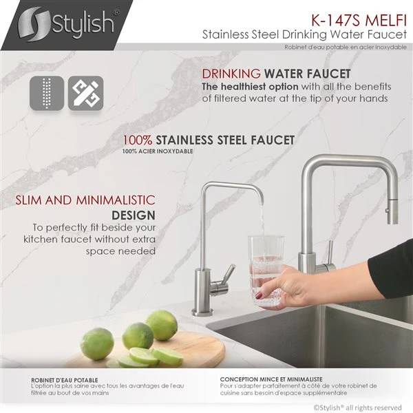 Stylish Stainless Steel Brushed 1-Lever Deck Mount High-Arc Drinking Water Tap Faucet 5 Stylish Stainless Steel Brushed 1-Lever Deck Mount High-Arc Drinking Water Tap Faucet - Image 5