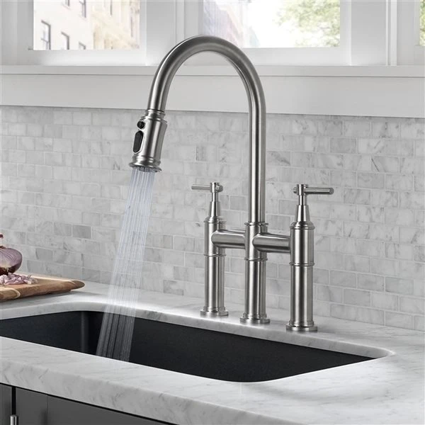 WELLFOR Brushed Nickel 2-Handle Deck Mount Bridge Kitchen Faucet 3 WELLFOR Brushed Nickel 2-Handle Deck Mount Bridge Kitchen Faucet - Image 3