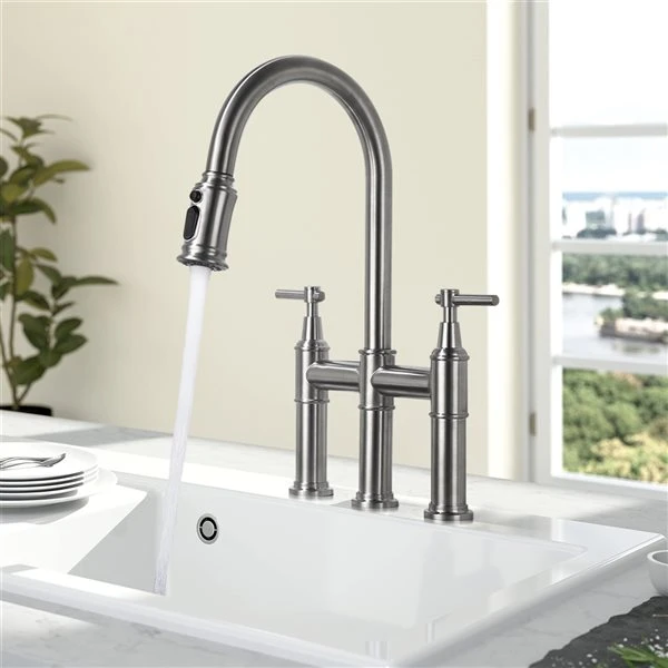 WELLFOR Brushed Nickel 2-Handle Deck Mount Bridge Kitchen Faucet 2 WELLFOR Brushed Nickel 2-Handle Deck Mount Bridge Kitchen Faucet - Image 2