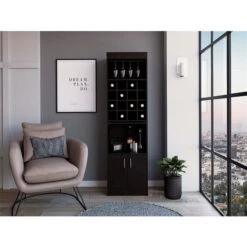 FM Furniture Illinois Black 16-Bottle Composite Wine Cabinet