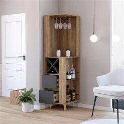 FM Furniture Ziton Pine/Matt Grey 4-Bottle Composite Wine Cabinet
