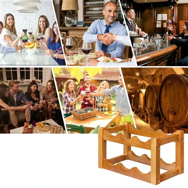 Costway Brown 6-Bottle Rubberwood Wine Rack 4 Costway Brown 6-Bottle Rubberwood Wine Rack - Image 4