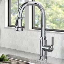 Kraus Allyn Chrome Industrial 1-Handle Deck Mount Pull-Down Handle/Lever Residential Kitchen Faucet