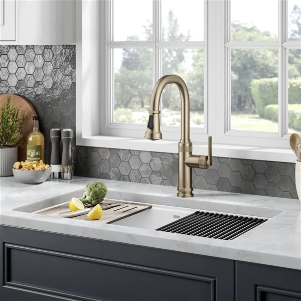 Kraus Allyn Spot-Free Antique Champagne-Bronze 1-Handle Deck Mount Pull-Down Handle/Lever Residential Kitchen Faucet 2 Kraus Allyn Spot-Free Antique Champagne-Bronze 1-Handle Deck Mount Pull-Down Handle/Lever Residential Kitchen Faucet - Image 2