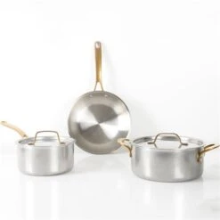 Martha Stewart 5-Piece Stainless Steel Cookware Set With Brass Handles