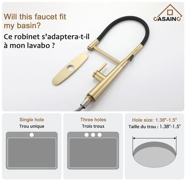 CASAINC Brushed Gold 1-Handle Deck Mount Pull-Out Kitchen Faucet With Deck Plate 1 CASAINC Brushed Gold 1-Handle Deck Mount Pull-Out Kitchen Faucet With Deck Plate