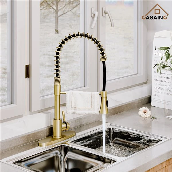 CASAINC 1-Handle Deck Mount High-Arc Kitchen Faucet With Deck Plate In Brushed Gold 3 CASAINC 1-Handle Deck Mount High-Arc Kitchen Faucet With Deck Plate In Brushed Gold - Image 3