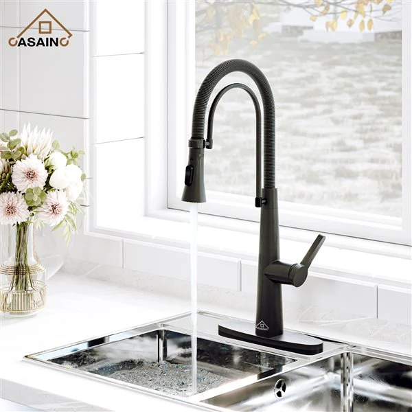 CASAINC Matte Black 1-Handle Deck Mount High-Arc Kitchen Faucet And Deck Plate 3 CASAINC Matte Black 1-Handle Deck Mount High-Arc Kitchen Faucet And Deck Plate - Image 3