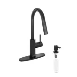 CASAINC Matte Black 1-Handle Deck Mount High-Arc Kitchen Faucet With Deck Plate