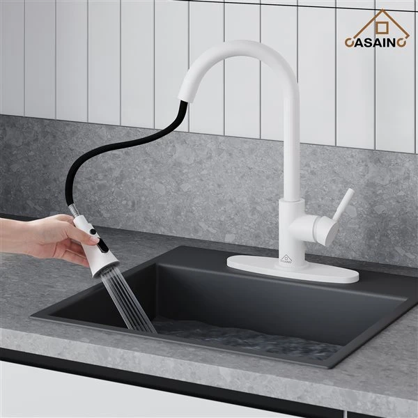CASAINC Matte White 1-Handle Deck Mount Pull-Out Kitchen Faucet With Deck Plate 5 CASAINC Matte White 1-Handle Deck Mount Pull-Out Kitchen Faucet With Deck Plate - Image 5