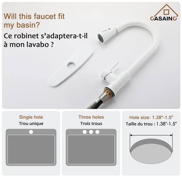 CASAINC Matte White 1-Handle Deck Mount Pull-Out Kitchen Faucet With Deck Plate 3 CASAINC Matte White 1-Handle Deck Mount Pull-Out Kitchen Faucet With Deck Plate - Image 3