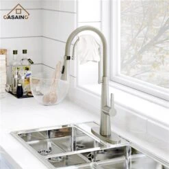 CASAINC Brushed Nickel 1-Handle Deck Mount High-Arc Kitchen Faucet With Deck Plate