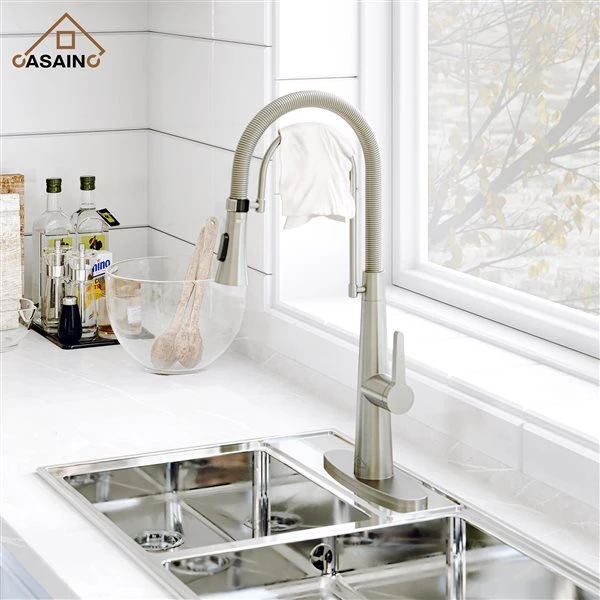 CASAINC Brushed Nickel 1-Handle Deck Mount High-Arc Kitchen Faucet With Deck Plate 1 CASAINC Brushed Nickel 1-Handle Deck Mount High-Arc Kitchen Faucet With Deck Plate