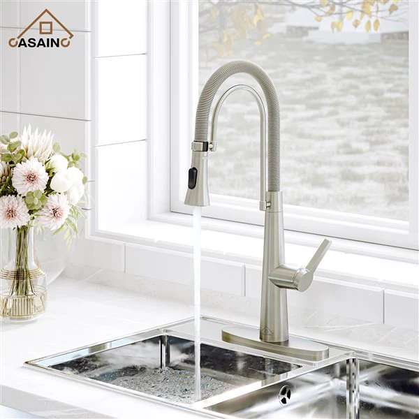 CASAINC Brushed Nickel 1-Handle Deck Mount High-Arc Kitchen Faucet With Deck Plate 5 CASAINC Brushed Nickel 1-Handle Deck Mount High-Arc Kitchen Faucet With Deck Plate - Image 5