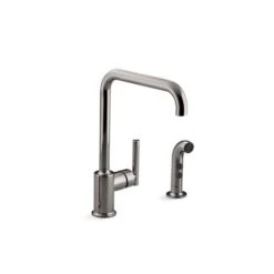 KOHLER Purist Vibrant Titanium Deck Mount High-Arc Kitchen Faucet With Side Sprayer