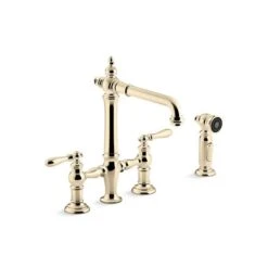 KOHLER Artifacts Vibrant French Gold 2-Handle Deck Mount Bridge Kitchen Faucet With Side Sprayer