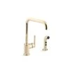 KOHLER Purist Vibrant French Gold Deck Mount High-Arc Kitchen Faucet With Side Sprayer