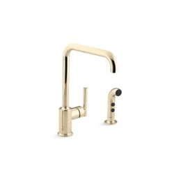 KOHLER Purist Vibrant French Gold Deck Mount High-Arc Kitchen Faucet With Side Sprayer