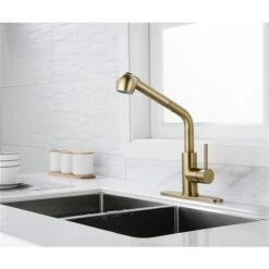 WELLFOR Sink Faucets Brushed Gold 1-handle Deck Mount Pull-out Handle/lever Residential Kitchen Faucet (Deck Plate Included) 9 WELLFOR Sink Faucets Brushed Gold 1-handle Deck Mount Pull-out Handle/lever Residential Kitchen Faucet (Deck Plate Included) -Alliedbas Shop 332003224 AlternateImage2 l
