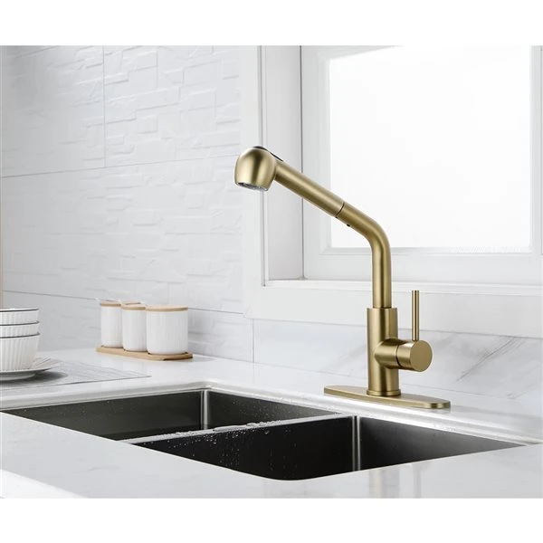 WELLFOR Sink Faucets Brushed Gold 1-handle Deck Mount Pull-out Handle/lever Residential Kitchen Faucet (Deck Plate Included) 5 WELLFOR Sink Faucets Brushed Gold 1-handle Deck Mount Pull-out Handle/lever Residential Kitchen Faucet (Deck Plate Included) - Image 5