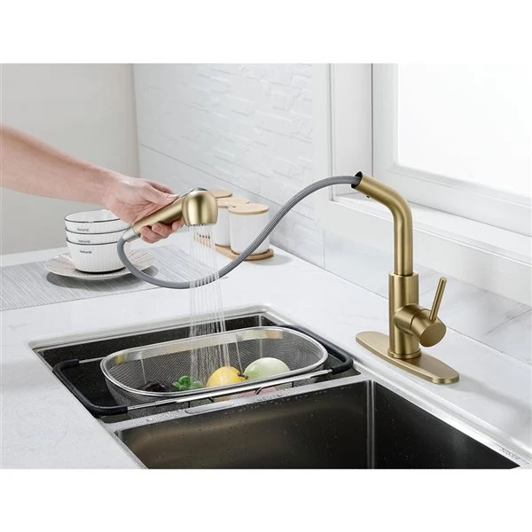 WELLFOR Sink Faucets Brushed Gold 1-handle Deck Mount Pull-out Handle/lever Residential Kitchen Faucet (Deck Plate Included) 2 WELLFOR Sink Faucets Brushed Gold 1-handle Deck Mount Pull-out Handle/lever Residential Kitchen Faucet (Deck Plate Included) - Image 2