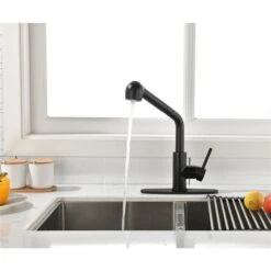 WELLFOR Sink Faucets Matte Black 1-handle Deck Mount Pull-out Handle/lever Residential Kitchen Faucet (Deck Plate Included) -Alliedbas Shop 332003267 AlternateImage2 l