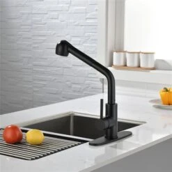 WELLFOR Sink Faucets Matte Black 1-handle Deck Mount Pull-out Handle/lever Residential Kitchen Faucet (Deck Plate Included) -Alliedbas Shop 332003267 AlternateImage3 l