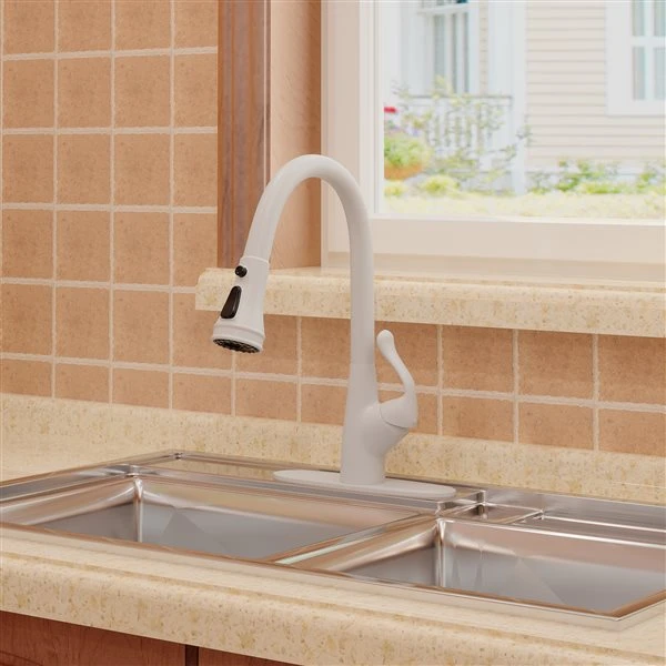 Clihome Matte White 3-Function Single-Handle Pull Down Spout Kitchen Faucet 2 Clihome Matte White 3-Function Single-Handle Pull Down Spout Kitchen Faucet - Image 2
