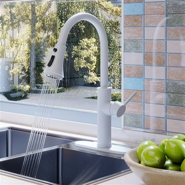 Clihome Matte White 4-Function Single-Handle Pull-Down Spout Kitchen Faucet With Base Plate 2 Clihome Matte White 4-Function Single-Handle Pull-Down Spout Kitchen Faucet With Base Plate - Image 2