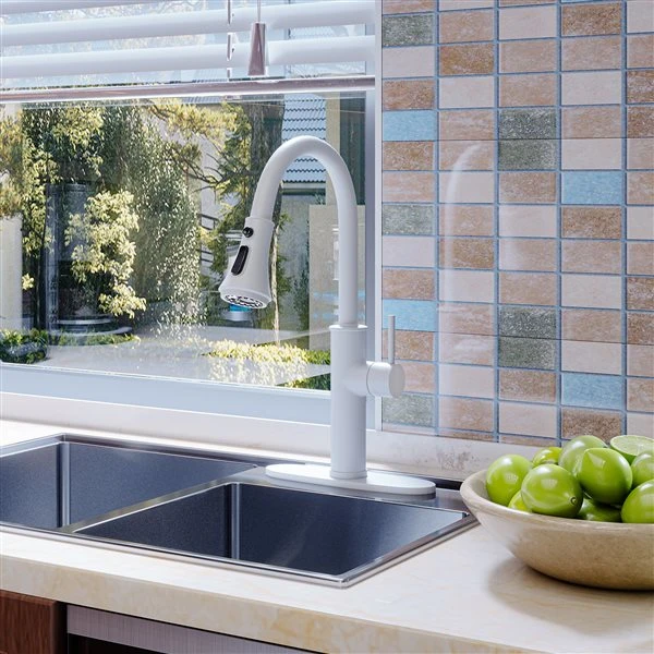 Clihome Matte White 4-Function Single-Handle Pull-Down Spout Kitchen Faucet With Base Plate 3 Clihome Matte White 4-Function Single-Handle Pull-Down Spout Kitchen Faucet With Base Plate - Image 3