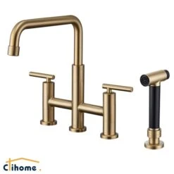 Clihome Brushed Gold Pull-Down Double Handle Kitchen Faucet With Sprayer