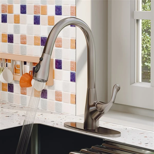 Clihome Brushed Nickel 3-Function Single-Handle Pull-Down Kitchen Faucet 2 Clihome Brushed Nickel 3-Function Single-Handle Pull-Down Kitchen Faucet - Image 2