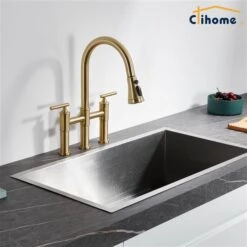 Clihome Brushed Gold Pull Down 2-Handle Kitchen Faucet