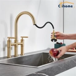 Clihome Brushed Gold Pull Down 2-Handle Kitchen Faucet -Alliedbas Shop 332004304 AlternateImage3 l