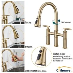 Clihome Brushed Gold Pull Down 2-Handle Kitchen Faucet -Alliedbas Shop 332004304 AlternateImage4 l