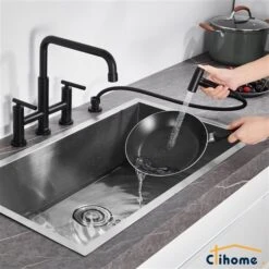 Clihome Matte Black Pull-Down Double Handle Kitchen Faucet With Sprayer 7 Clihome Matte Black Pull-Down Double Handle Kitchen Faucet With Sprayer -Alliedbas Shop 332004310 AlternateImage2 l