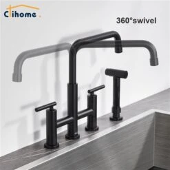Clihome Matte Black Pull-Down Double Handle Kitchen Faucet With Sprayer