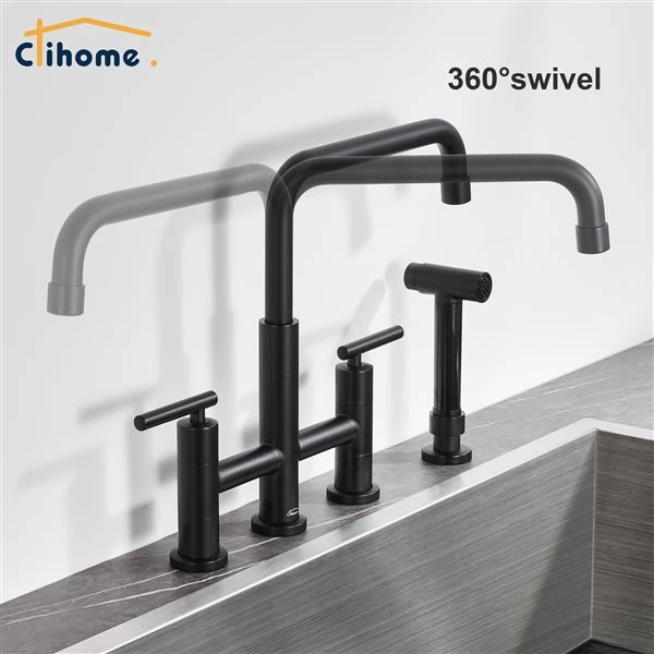 Clihome Matte Black Pull-Down Double Handle Kitchen Faucet With Sprayer 1 Clihome Matte Black Pull-Down Double Handle Kitchen Faucet With Sprayer