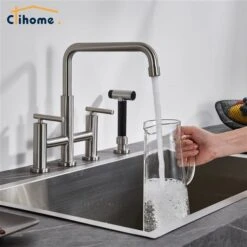 Clihome Brushed Nickel Pull-Down Double Handle Kitchen Faucet With Sprayer