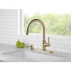 Delta Trask Single Handle Pull-Down Champagne Bronze Kitchen Faucet With Soap Dispenser