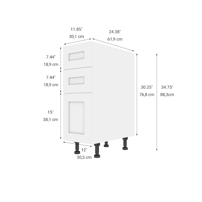 Eklipse 3-Drawer Base Cabinet - Perle - 34.75-in X 12-in - White 2 Eklipse 3-Drawer Base Cabinet - Perle - 34.75-in X 12-in - White - Image 2